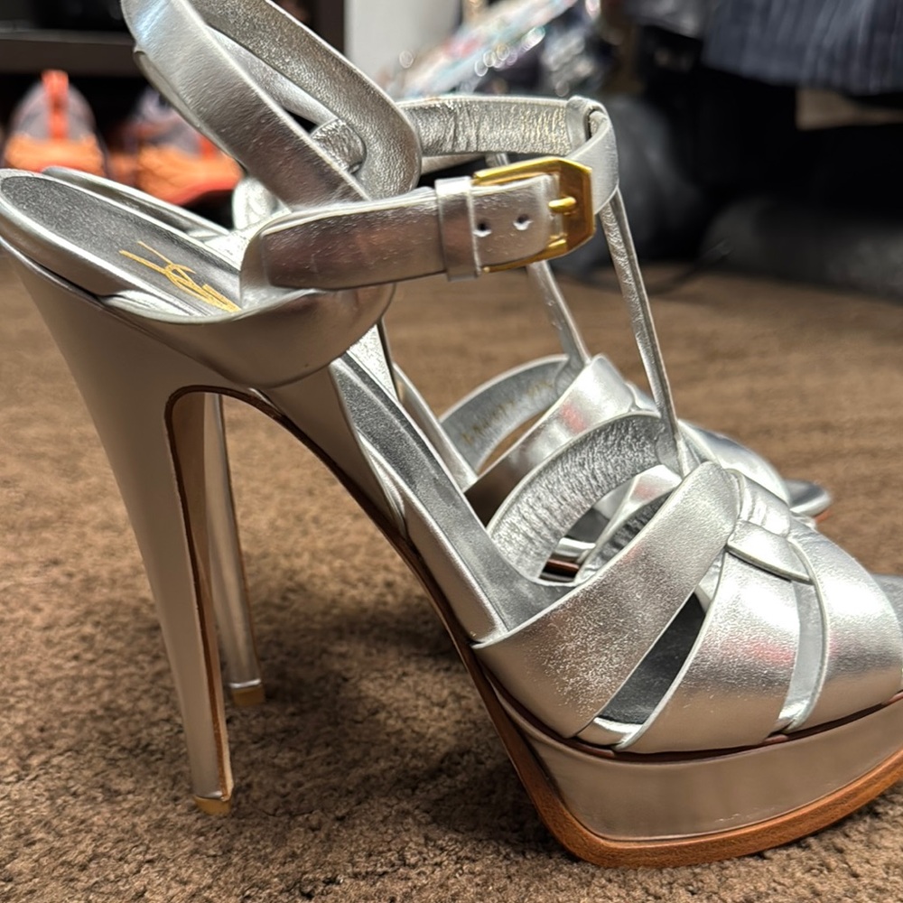 Yves Saint Laurent YSL Tribute Metallic Silver Heels